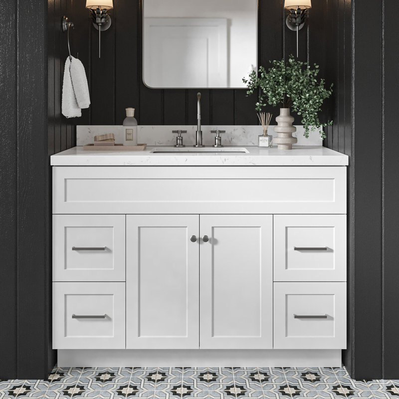 Ensemble de meuble-lavabo simple autoportant 48 po avec plateau en quartz Hamlet, Blanc