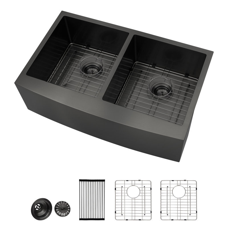 33" L x 21" W Farmhouse Double Bowl 50/50 Kitchen Sink Gunmetal Black Stainless Steel Kitchen Sink