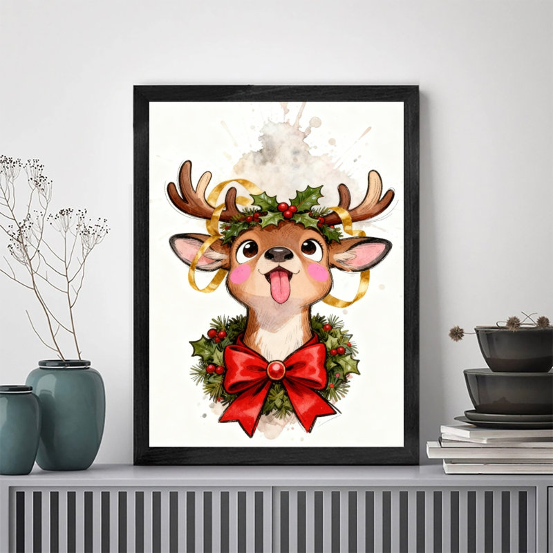 Reproduction d'art encadrée noire rétro Sweet Christmas Doe, H 11 po x l 9 po