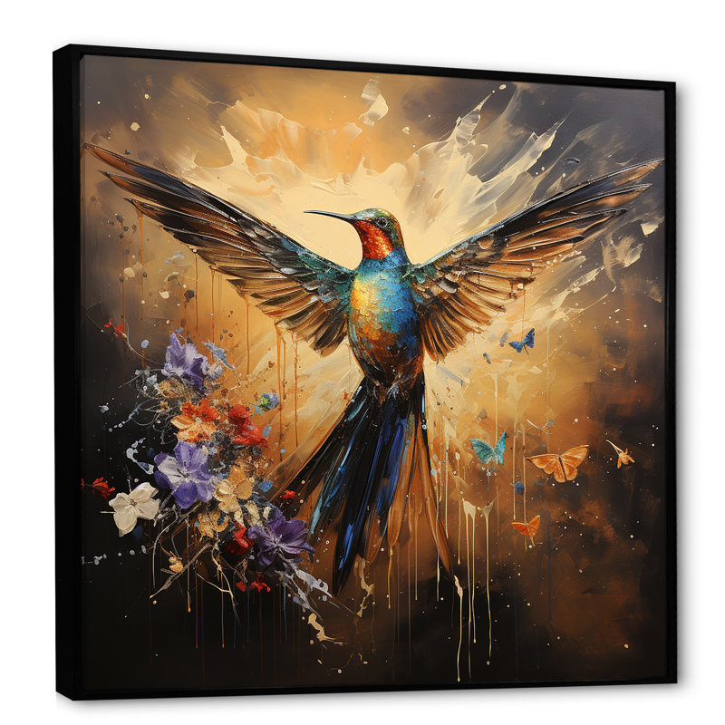 Colibri à plumes, flamme 2 - Art mural colibri, Cadre flottant noir, H 36 po x l 36 po