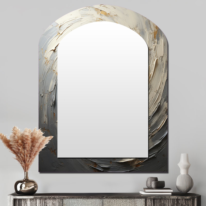 Spirales mystiques grises et dorées - grand miroir en arc en spirale abstraite, décor de miroir mural asymétrique moderne, art en métal imprimé