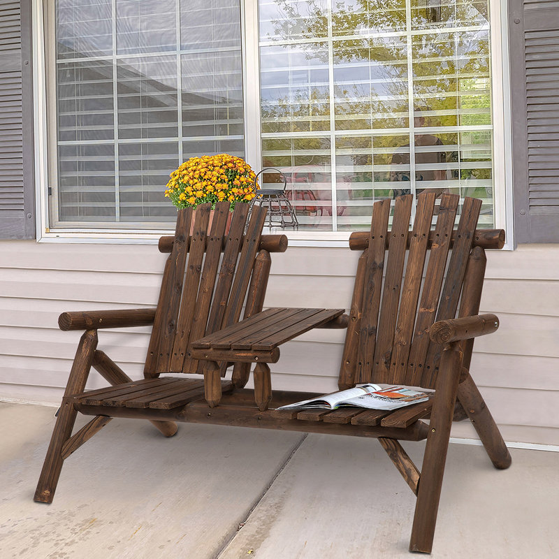 2-Seat Wooden Adirondack Chair With Table, Carbonized Outdoor Loveseat For Patio And Backyard