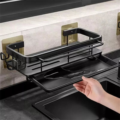 Self Adhesive Sponge Holder, Kitchen Wall Mount Sink Caddy Aluminum Drying Drain Rack Storage,peeler, Brush, Soap, Cloth Rag,towel Organizer With Removable Drip Tray For Countertop