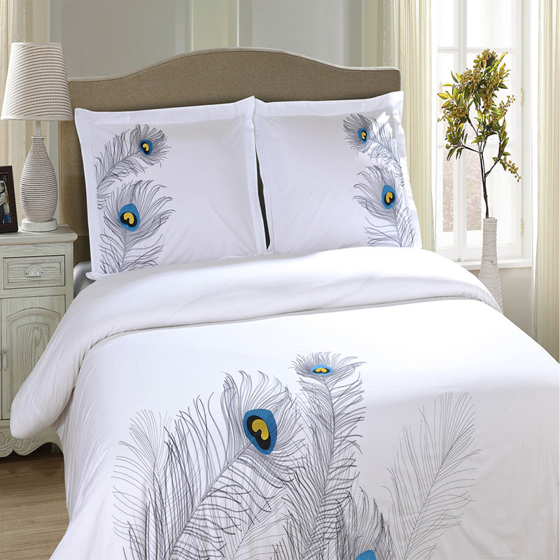Silver Embroidered Peacock Cotton King/California King Duvet Cover Set