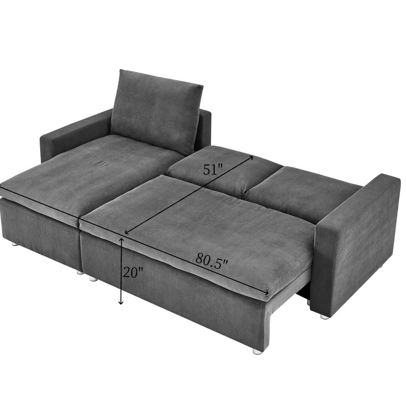 L Shaped Convertible Bed With Washable Grey Corduroy And Storage Chaise Couch Detachable Fabrics, Grey