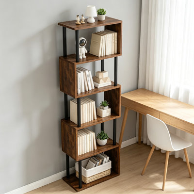 Grande bibliothèque géométrique en forme de S, présentoir industriel en bois avec rangement pour le salon, la chambre à coucher et le bureau personnel