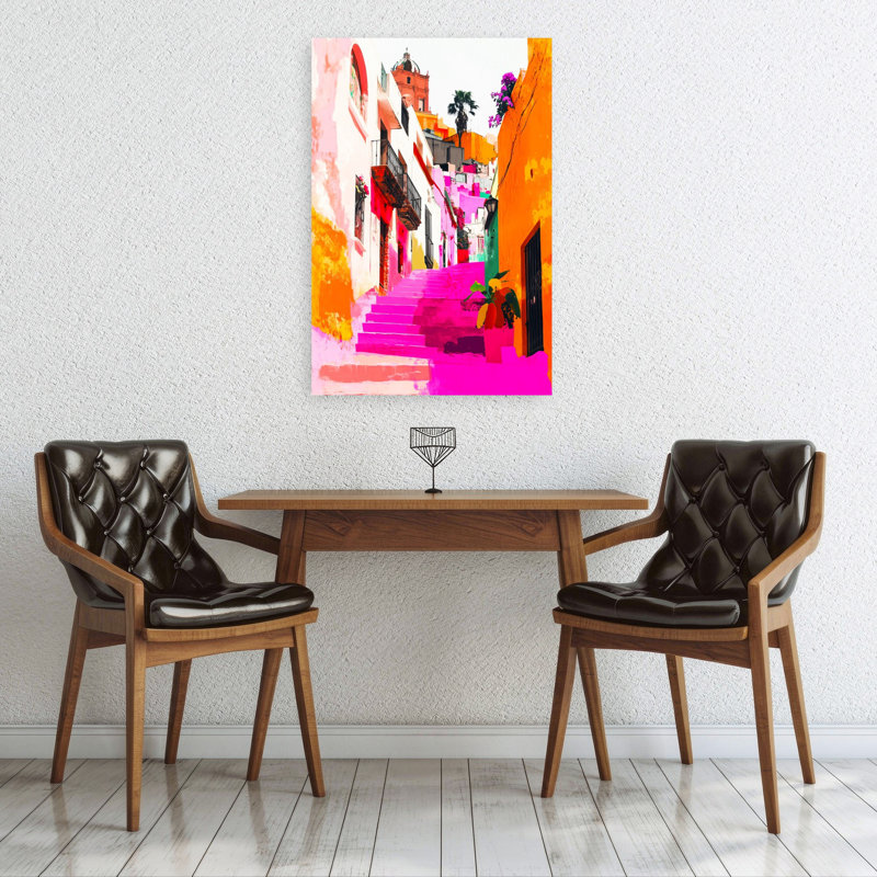 Vibrant Pink City Steps Colorful Vibrant Abstract Architecture City Wall Art Print 1 Piece Wrapped Canvas Wall Art