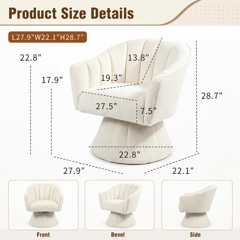 Fauteuil d'appoint moderne pivotant à 360 degrés, fauteuil demi-tonneau capitonné et méridienne rembourrée rotative