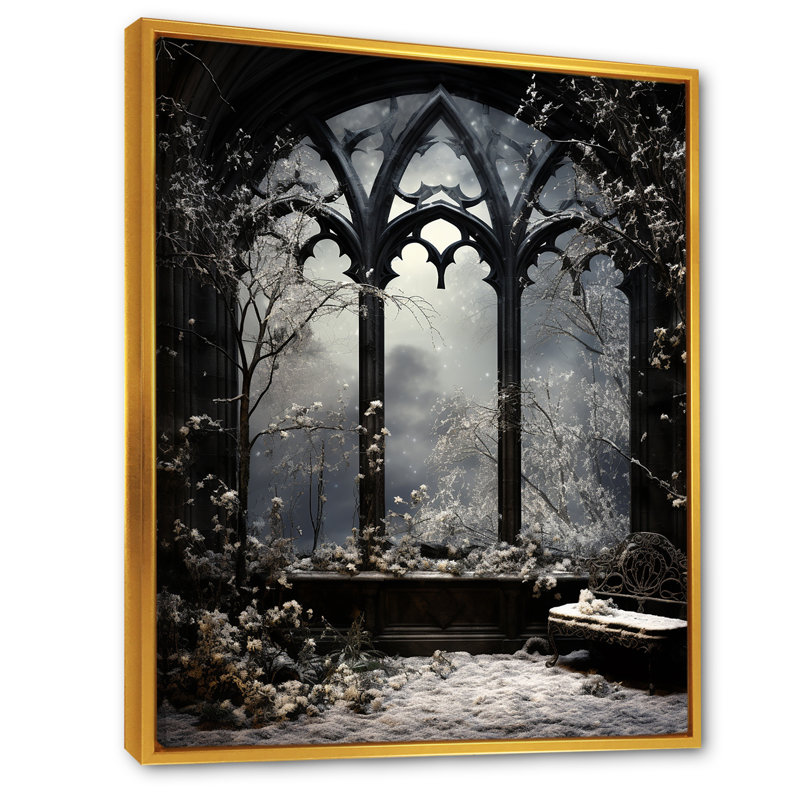 «Midnight Gothic Winter Window View III - Winter Landscape», art mural, Cadre flottant doré, H 40 po x l 30 po x P 1,5 po