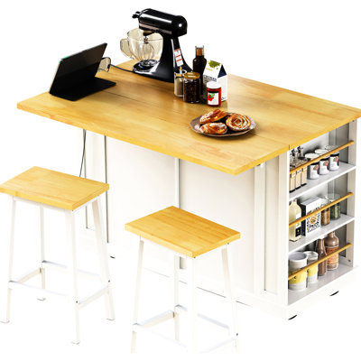 Large Rolling Kitchen Island With Drop Leaf, Power Outlet, Internal Storage Racks, 5 Open Side Racks, 2 Drawers, An Adjustable Shelf