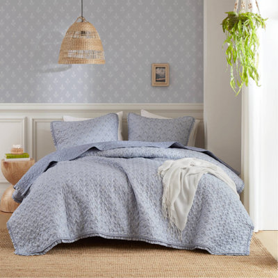 Ensemble de courtepointe 3 pièces à imprimé volants pour grand lit 3 pièces, bleu