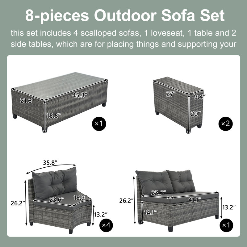8-Pieces Outdoor Wicker Half-Moon Sectional Sets, With Coffee Table, 6-8 Seater