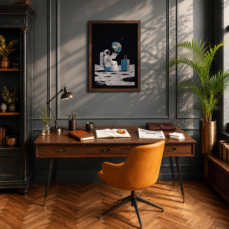 Astronaut on the Moon Modern - Framed Print, A2 - 59.4 x 42.0 cm, Walnut
