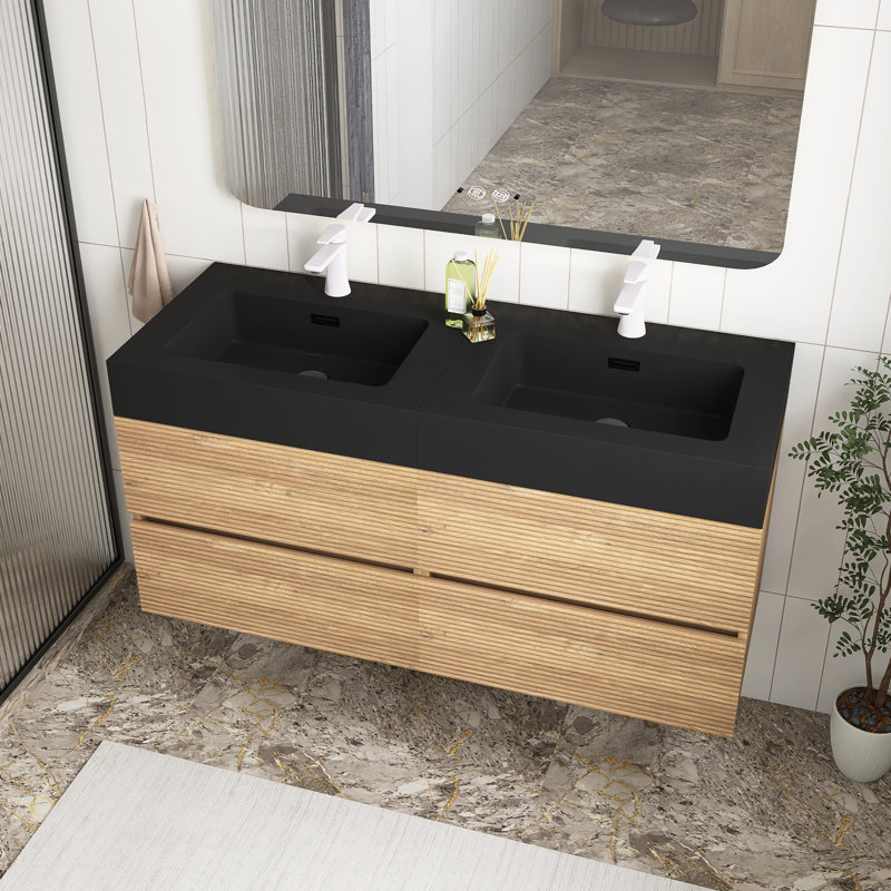 Meuble-lavabo avec lavabo à quartz et tiroirs à fermeture en douceur, meuble-lavabo mural flottant pour salle de bain moderne, lavabo une pièce