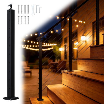 Yescom Black Cable Railing Corner Post 36 inch for Horizontal Deck Railing T-Drilled One-Post Corner Solution Surface Mount Flat Top Deck Post
