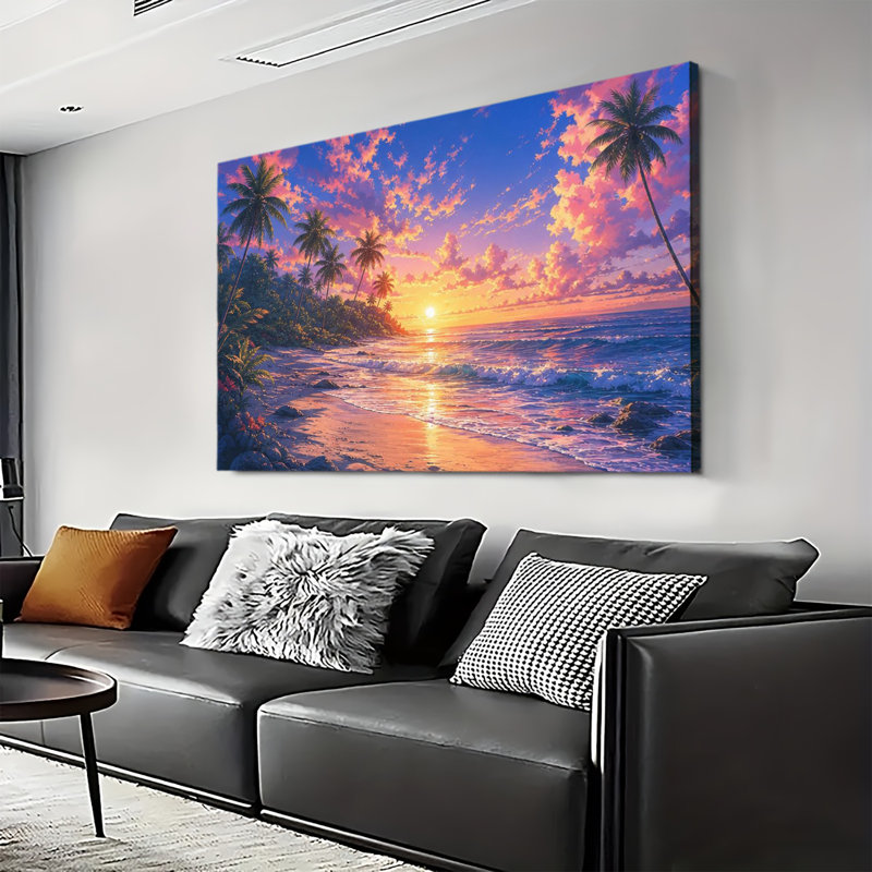 Coucher de soleil vibrant aux teintes violettes et orangées sur un rivage tropical avec cocotiers et vagues écumeuses - Tableau sur toile