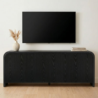 65.7" Modern Curved TV Stand with Push-to-Open Doors, Adjustable Shelves & Cable Management, Wood Grain Entertainment Center with Hidden Storage for Living Room