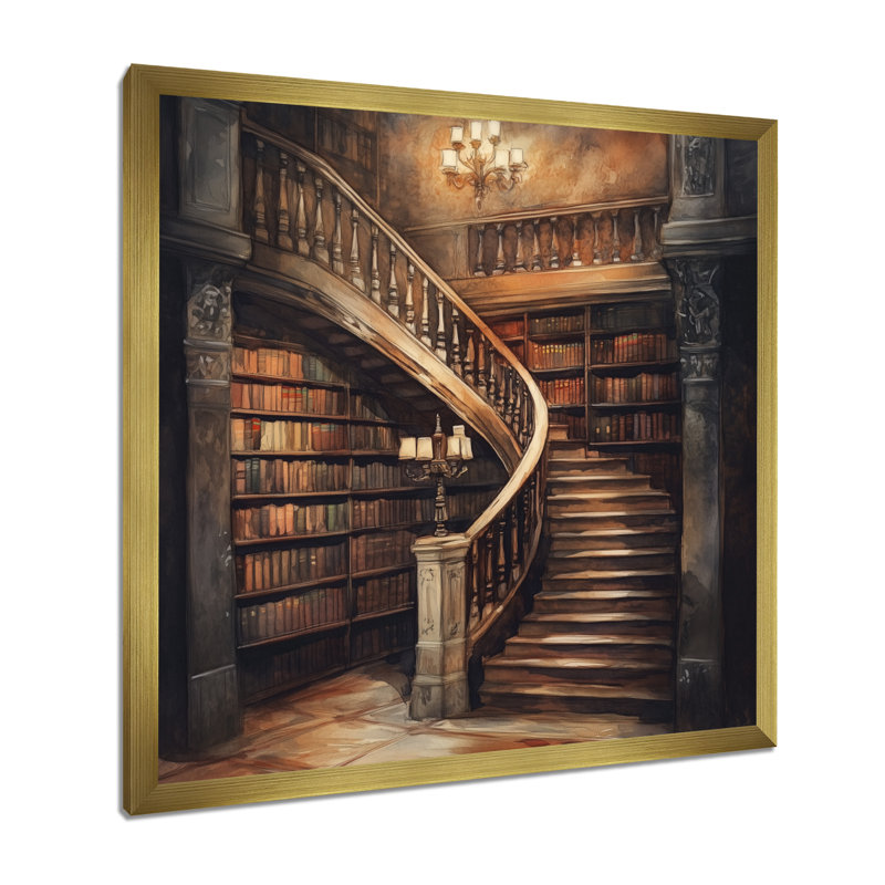 Escalier à travers les étagères - Tableau encadré de bibliothèque, H 36 po x l 36 po, Gold Picture Framed