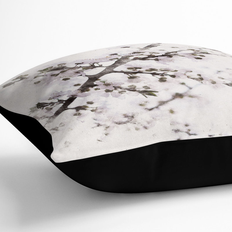 Branch of a White Cherry Blossom Tree Cushion with Filling, 55cm H x 55cm W x 20cm D, Black