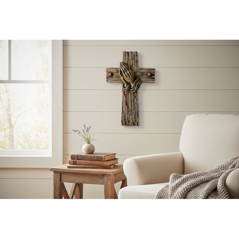 Polyresin Faux Distressed Wood with Praying Hands Hanging Wall Cross Décor