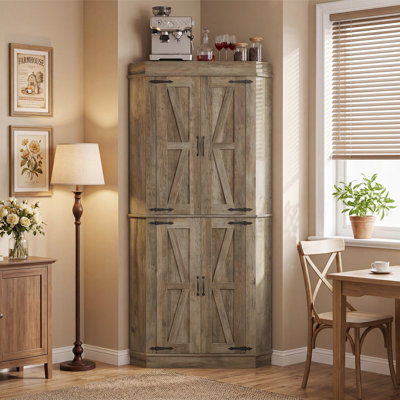 71 inch Corner Kitchen Pantry Cabinet, Farmhouse Freestanding Buffet Hutch with 4 Doors, Corner Bar Cabinet with Shelves&Side Rack, Tall Pantries with Storage for Dining Room