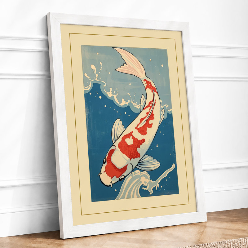 Leaping Koi Japandi - Framed Print, A3 - 42.0 x 29.7 cm, White