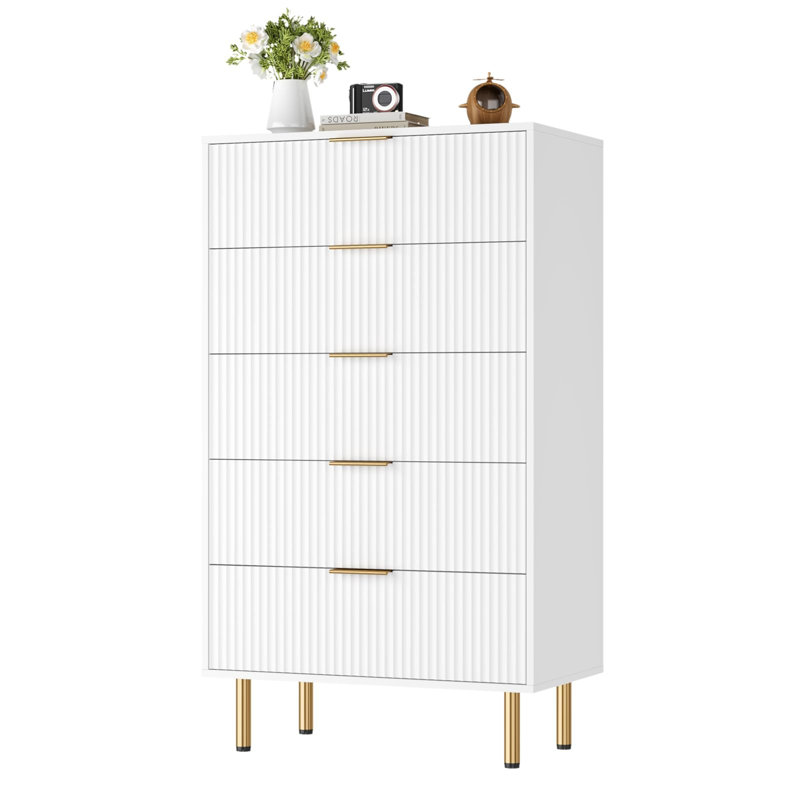 Commode 5 tiroirs, commode pour chambre à coucher, commode haute 47,9 po, Blanc