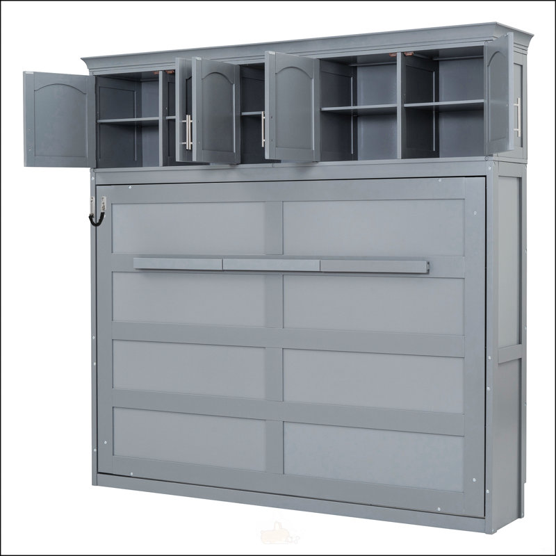 Grand lit escamotable avec armoires supérieures, Gris, Grand lit