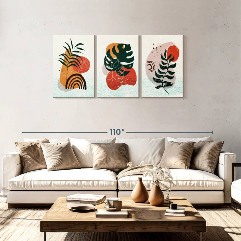 Boho Botanical Leaves VI 3 pièces, H 36 po x l 74 po x P 1,25 po