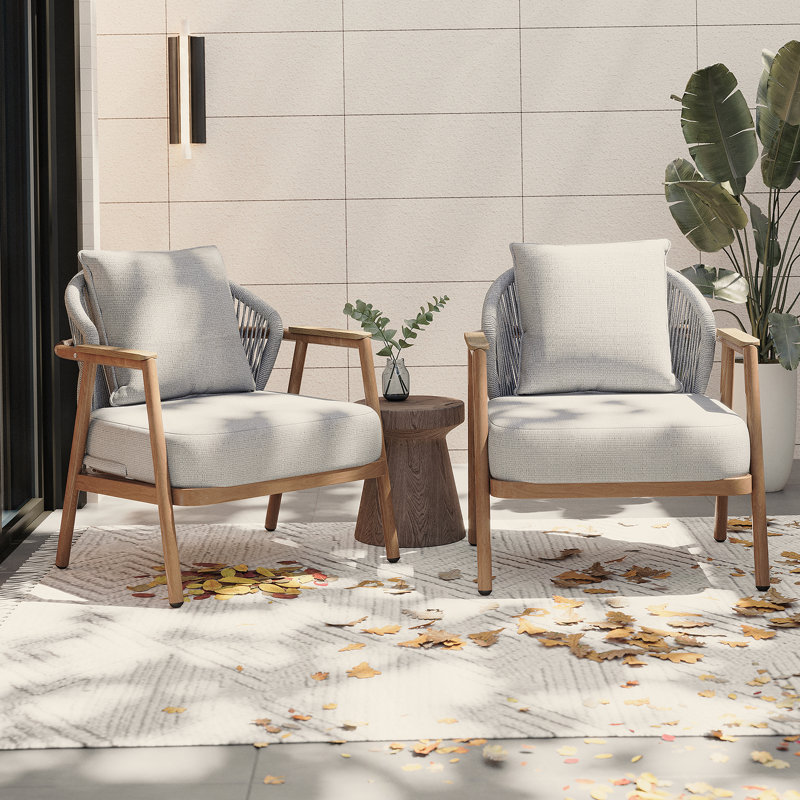 Fauteuil club d'extérieur au fini teck avec coussin taupe texturé, ensemble de 2, 2, Taupe, Teck