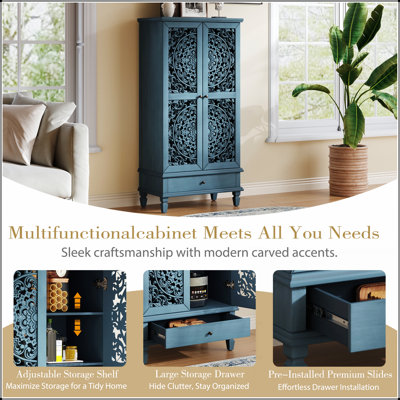 Armoire de rangement rustique de 55 po de hauteur avec tiroir, armoire décorative en bois sculpté à 2 portes pour le salon et la salle à manger