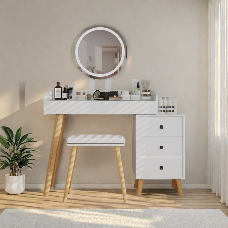 Dressing Table With LED Lights Glass Top Dressing Table With Extendable Side Table 5 Drawers Dressing Table With Mirror And Stool For Bedroom
