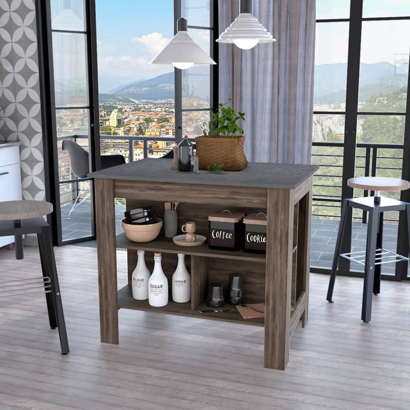 Îlot de cuisine à 3 tablettes brun foncé et onix, îlot de cuisine, Marron foncé