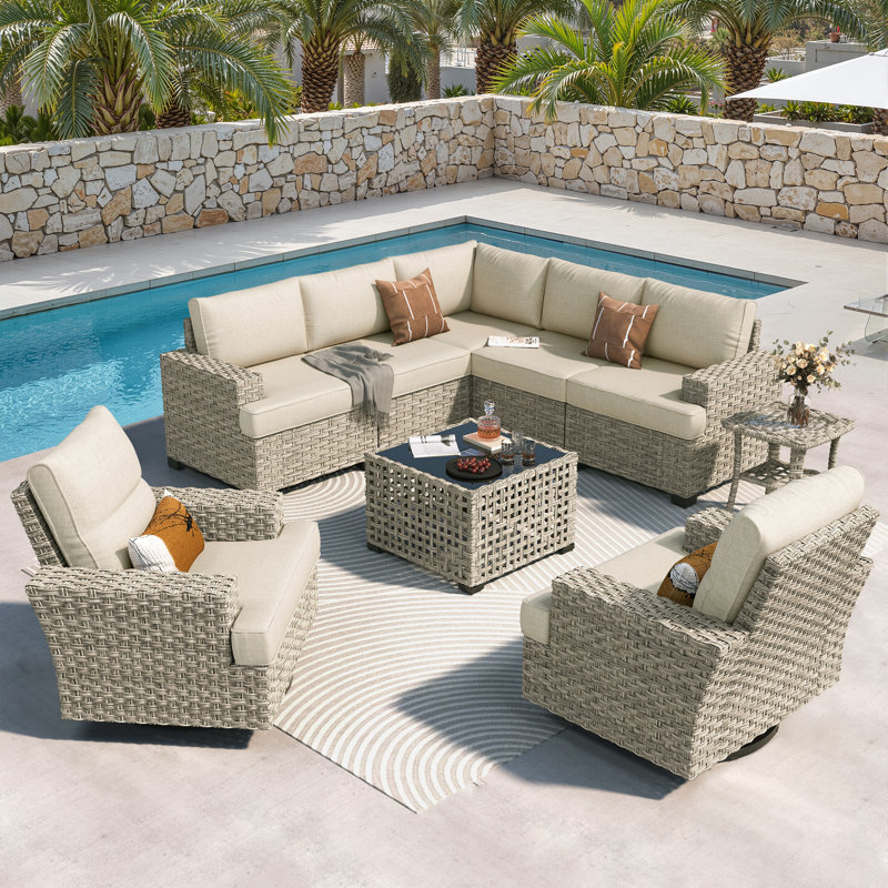 Wicker 7-Person Modular Outdoor Sectional Seating Group With Swivel Chairs And Cushions, Patio Conversation Set With Lighted Coffee Table