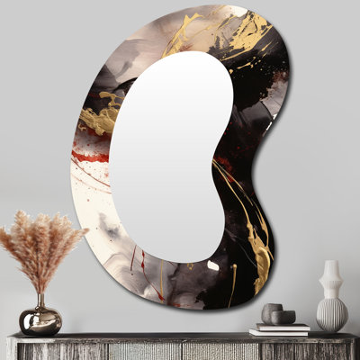 Or et rouge fluides fusion II - grand miroir mural moderne irrégulier formes abstraites 3D