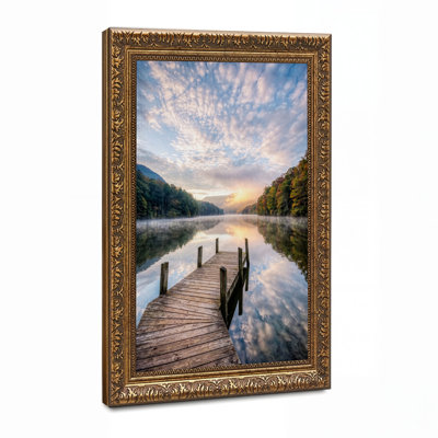 Toile en bois sur un lac brumeux au lever du soleil, art mural sur toile