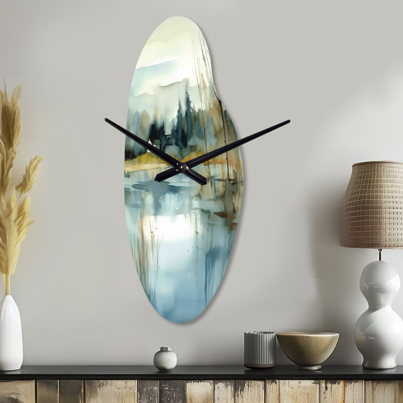Summer Lake Landscape Illustration V - Lake - Horloges murales asymétriques en métal, horloge murale courbée bleue, Grand