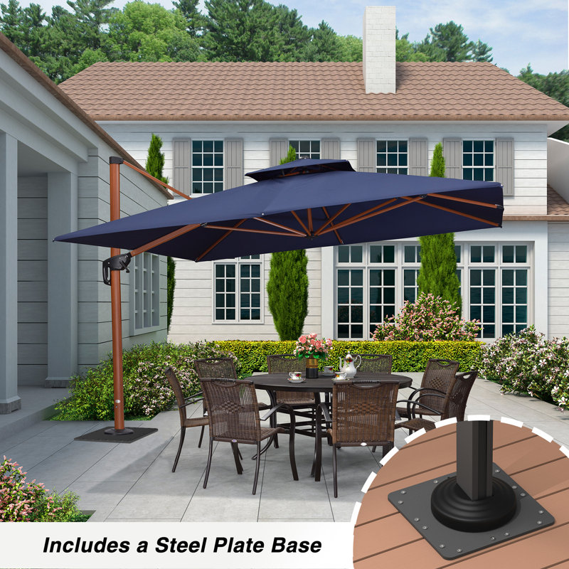 Parasol en porte-à-faux carré en bois de 132 po avec base en tôle d'acier, bleu marine, Bleu marine