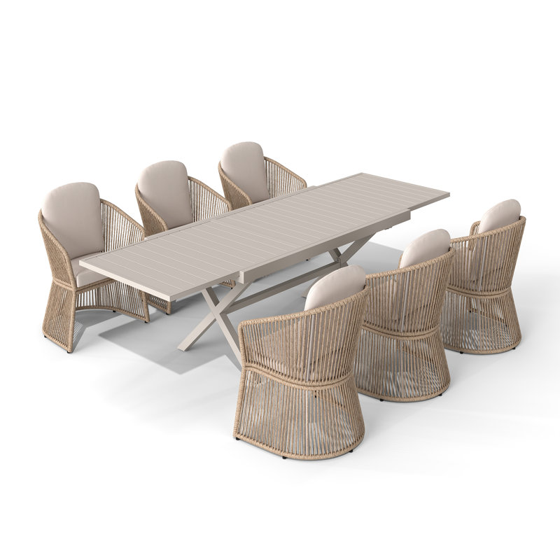 7- Piece Outdoor Dining Set With Extendable Table, Beige Cushion/Beige Frame