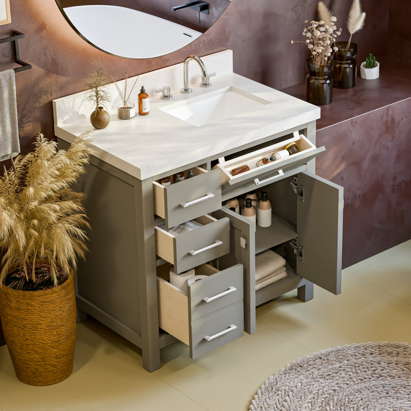 Meuble-lavabo simple 36 po avec quartz blanc Dazzle Caroline Parkway, Right Offset, Gray
