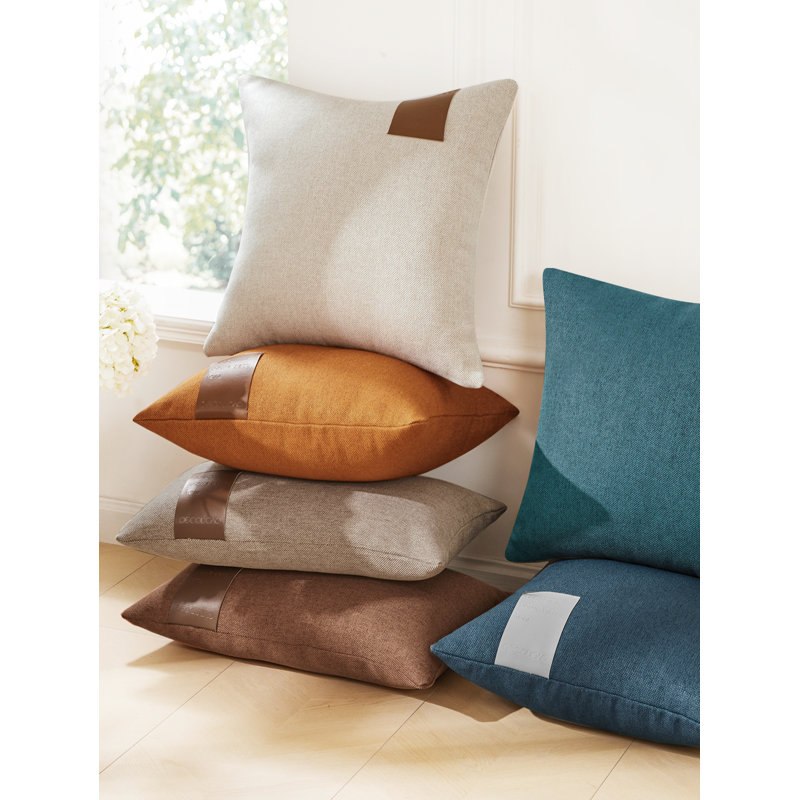 Decorative Solid Pillow Covers with Leather Label (Set of 2), 18"H x 18"W, Dark Teal