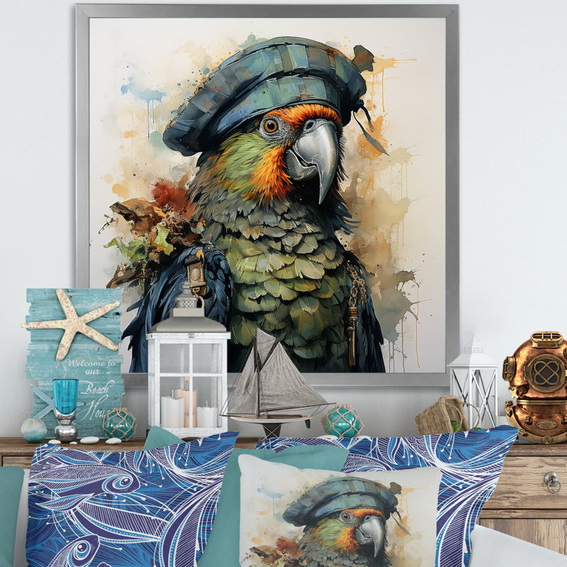 Pirates Parrot Feathered Buccaneer II - pirate, art mural, Cadre simple argenté, H 16 po x l 16 po x P 1 po