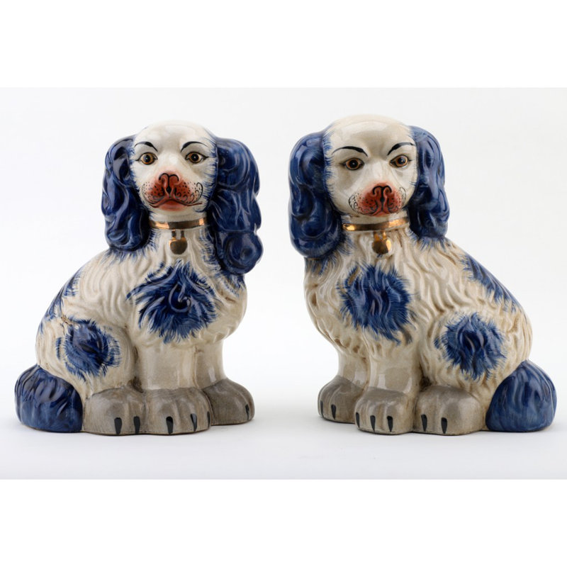 Staffordshire Large Dog Figurine, Blue/Cream