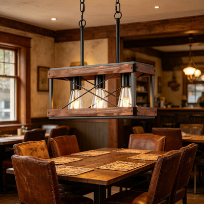 Farmhouse 3-Light Kitchen Island Pendant Light, Rustic Linear Chandelier With Solid Wood Frame And Adjustable Height, Metal Hanging Lamp For Dining Room, Bar, Pool Table, Open Geometric Cage Design