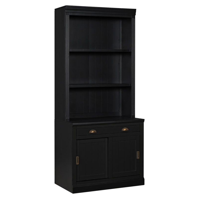 83.4"Tall Black Rectangle Modern Bookcase With Smooth - Sliding Doors, Fixed And Adjustable Shelves, Drawer, Ideal For Bedroom Storage, Solid Wood Frame Thickened Open Shelving, 45Lbs/Shelf Capacity,