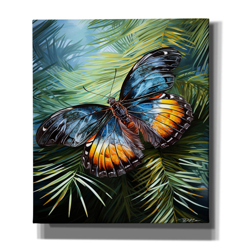 «Epic Graffiti», papillon bleu et jaune parmi les pins 2 »par Momart, art mural sur toile, 26 po x 30 po, H 30 po x l 26 po