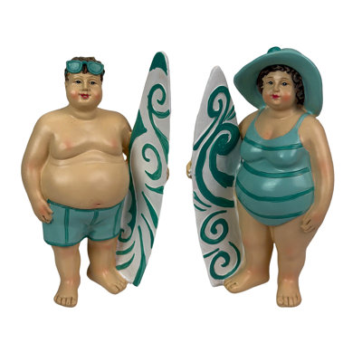 Coastal aqua surfing beach couple shelf statue set of 2 in hand-painted resin, 5.75 inches high