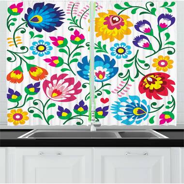 Floral Ruffled 55'' W Kitchen Curtain in
