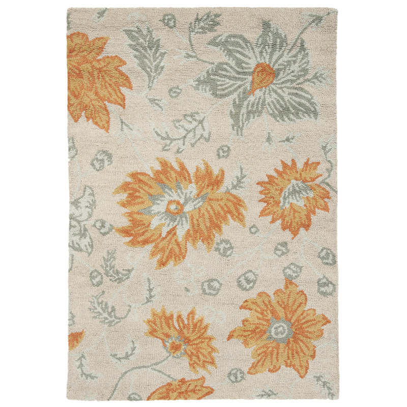 Jahiem Floral Hand Hooked Wool Ivory Area Rug, Rectangle 5' x 8'