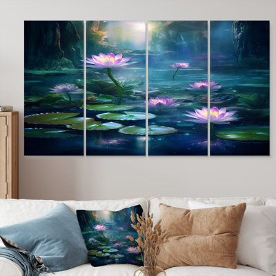 «Pink Lotus Flower Pond Misty Magic - Lake», art mural 4 pièces